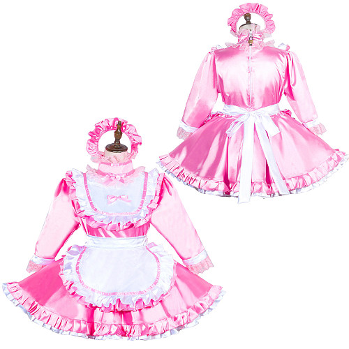 Fondcosplay Pink Satin Long Sleeve Lockable Sissy Maid Dress with Apron – Crossdressing Outfit [G3753]