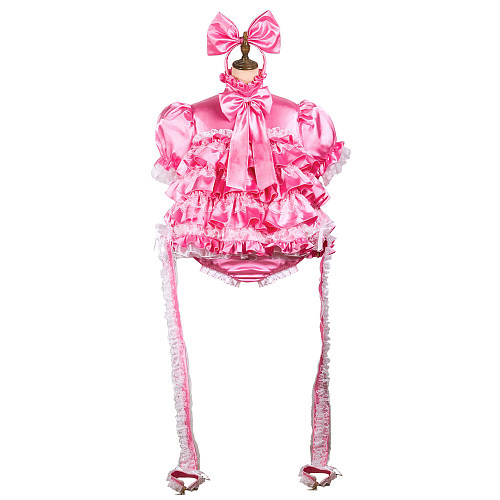 Fondcosplay Lockable Pink Satin Sissy Maid Crossdressing Bodysuit with Panty & Handcuffs [G3760]
