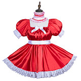 Fondcosplay Red Satin Lockable Sissy Maid Romper with Lace Trim and Collar [G3754]