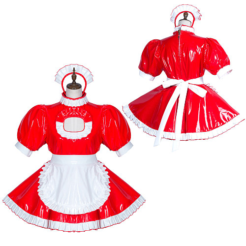 Fondcosplay Red Heavy PVC Lockable Sissy Maid Dress with White Apron and Cut-Out Chest [G3756]
