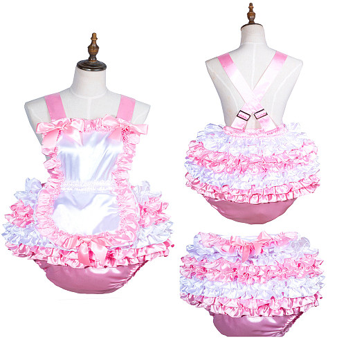 Fondcosplay Pink & White Satin Sissy Ruffle Romper Apron Dress [G3758]