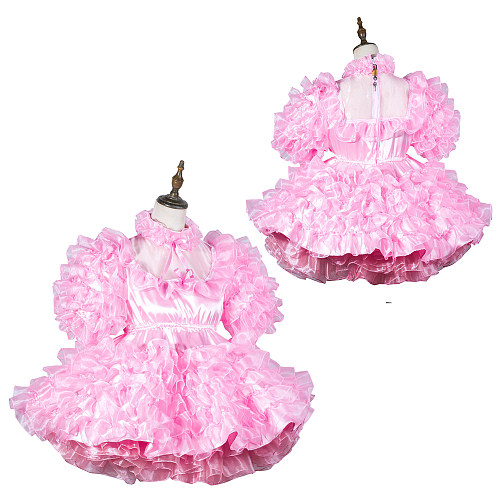 Fondcosplay Lockable Pink Satin and Organza Sissy Maid Crossdressing Ruffled Short Dress [G3784]
