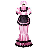 Fondcosplay Lockable Pink and Black Satin Sissy Maid Crossdressing Long Dress with Apron [G3761]