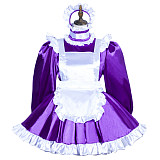 Fondcosplay Lockable Purple Satin Sissy Maid Crossdressing Short Dress with White Apron [G3765]