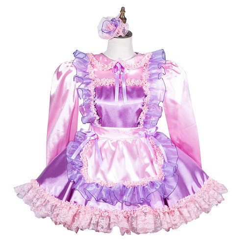 Fondcosplay Lockable Pink & Purple Satin Sissy Maid Crossdressing Dress with Apron [G3811]