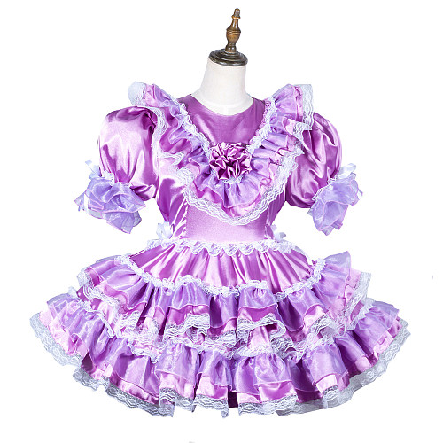 Fondcosplay Lockable Lavender Satin Sissy Maid Crossdressing Dress with Ruffles [G3812]