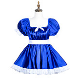 Fondcosplay Lockable Blue Satin Sissy Maid Crossdressing Short Dress with Bloomers [G3776]