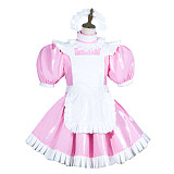 Fondcosplay Lockable Pink and White Heavy PVC Sissy Maid Crossdressing Short Dress with Apron [G3774]