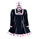 Fondcosplay Lockable Black Heavy PVC Sissy Maid Crossdressing Dress with Pink Trim [G3773]