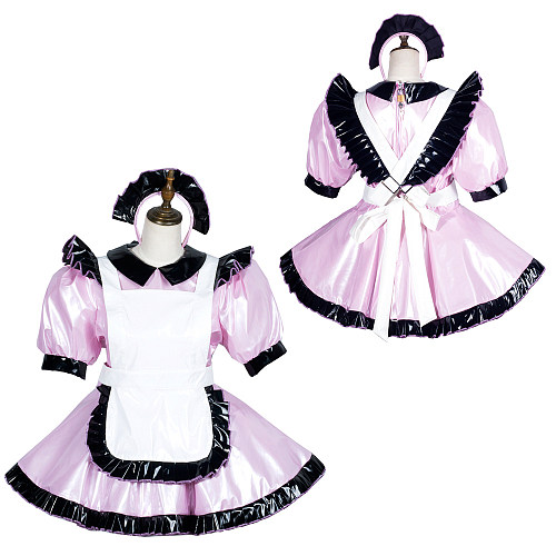 Fondcosplay Lockable Pink Thin PVC Sissy Maid Crossdressing Short Dress with White Apron [G3778]