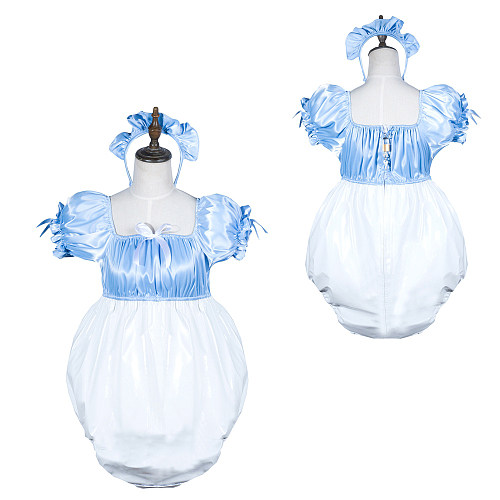 Fondcosplay Lockable Blue Satin and White PVC Sissy Maid Crossdressing Bubble Romper with Headpiece [G3800]
