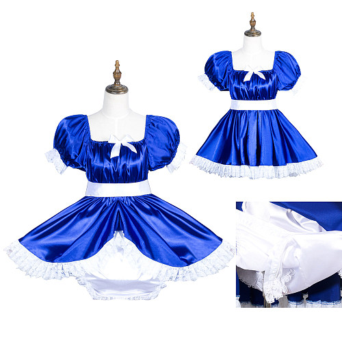Fondcosplay Lockable Blue Satin Sissy Maid Crossdressing Short Dress with Bloomers [G3776]