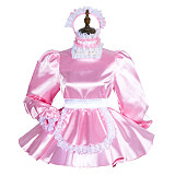 Fondcosplay Lockable Pink Satin Sissy Maid Crossdressing Short Dress with Apron [G3762]