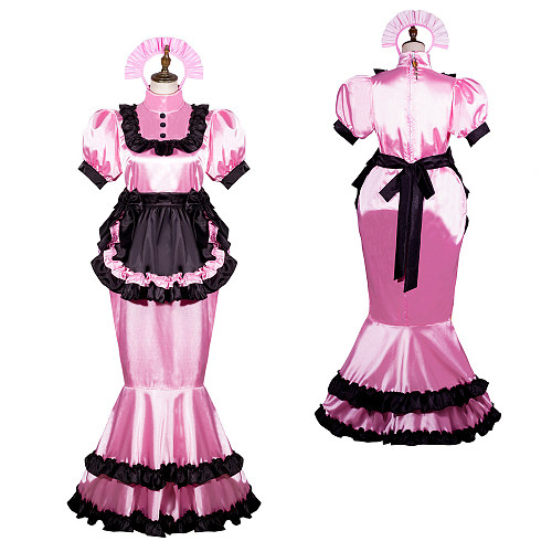 Fondcosplay Lockable Pink and Black Satin Sissy Maid Crossdressing Long Dress with Apron [G3761]