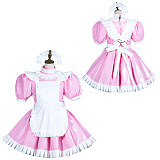 Fondcosplay Lockable Pink and White Heavy PVC Sissy Maid Crossdressing Short Dress with Apron [G3774]