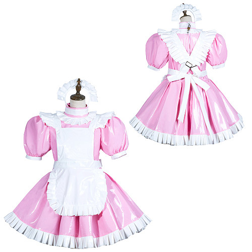 Fondcosplay Lockable Pink and White Heavy PVC Sissy Maid Crossdressing Short Dress with Apron [G3774]