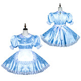 Fondcosplay Lockable Blue Satin Sissy Maid Crossdressing Short Dress with White Apron [G3795]