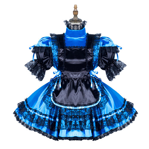 Fondcosplay Lockable Blue Satin Sissy Maid Crossdressing Dress with Black Lace Apron [G3801]