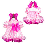 Fondcosplay Lockable Pink Satin and Lace Sissy Maid Crossdressing Dress with Bows [G3806]