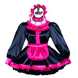 Fondcosplay Lockable Black and Pink Satin Sissy Maid Crossdressing Long Sleeve Dress with Apron and Headpiece [G3798]