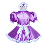 Fondcosplay Lockable Purple Satin Sissy Maid Crossdressing Short Dress with White Apron [G3766]