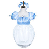 Fondcosplay Lockable Blue Satin and White PVC Sissy Maid Crossdressing Bubble Romper with Headpiece [G3800]