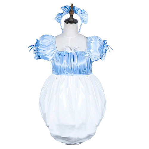 Fondcosplay Lockable Blue Satin and White PVC Sissy Maid Crossdressing Bubble Romper with Headpiece [G3800]