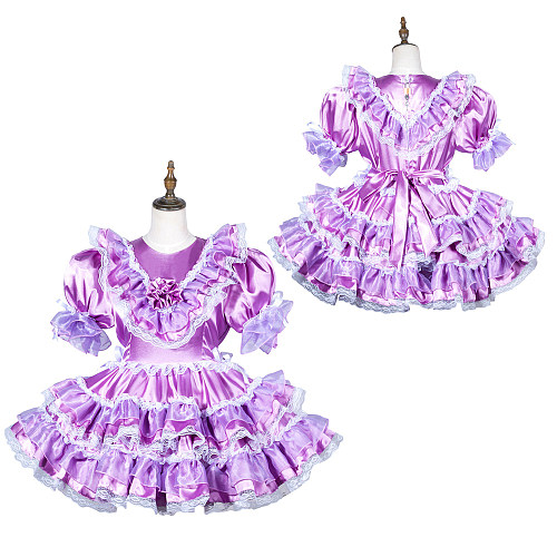 Fondcosplay Lockable Lavender Satin Sissy Maid Crossdressing Dress with Ruffles [G3812]