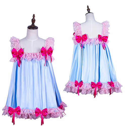 Fondcosplay Blue Satin Sissy Maid Crossdressing Baby Doll Dress with Pink Lace and Bows [G3785]