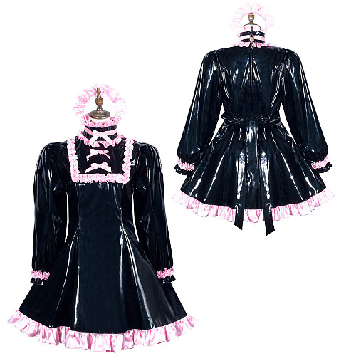 Fondcosplay Lockable Black Heavy PVC Sissy Maid Crossdressing Dress with Pink Trim [G3773]