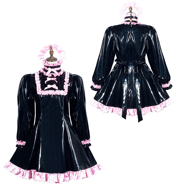 Fondcosplay Lockable Black Heavy PVC Sissy Maid Crossdressing Dress with Pink Trim [G3773]