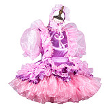 Fondcosplay Lockable Pink and Purple Satin Organza Sissy Maid Crossdressing Ruffled Dress with Headpiece [G3799]