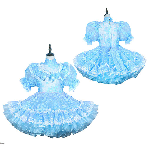 Fondcosplay Lockable Blue Organza Sissy Maid Crossdressing Ruffled Short Dress [G3786]