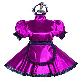 Fondcosplay Lockable Purple Satin Sissy Maid Crossdressing Short Dress with Black Apron [G3764]
