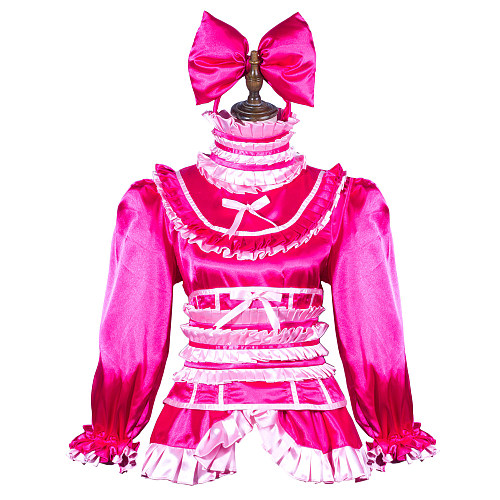 Fondcosplay Lockable Pink Satin Sissy Maid Crossdressing Ruffled Jacket Top with Bow Headpiece [G3803]