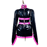 Fondcosplay Lockable Black and Pink Heavy PVC Sissy Maid Crossdressing Long Sleeve Dress [G3794]