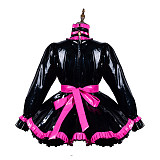 Fondcosplay Lockable Black and Pink Heavy PVC Sissy Maid Dress with Open Chest [G3808]