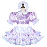 Fondcosplay Lockable Lavender Satin Sissy Maid Crossdressing Dress with Apron [G3810]