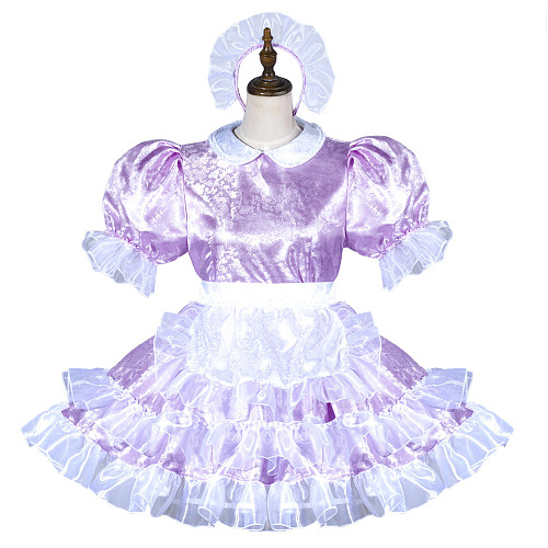 Fondcosplay Lockable Lavender Satin Sissy Maid Crossdressing Dress with Apron [G3810]
