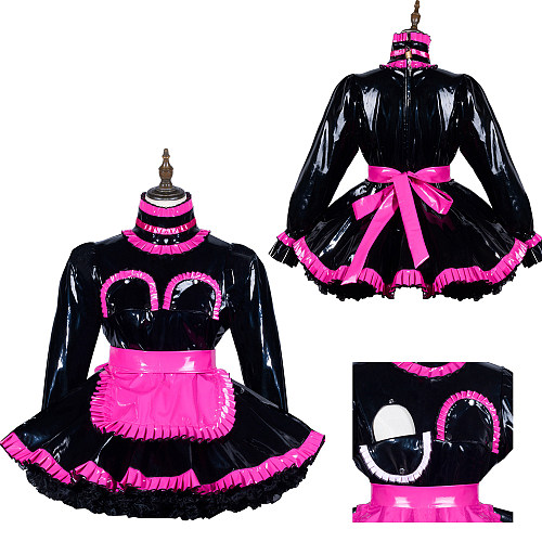 Fondcosplay Lockable Black and Pink Heavy PVC Sissy Maid Dress with Open Chest [G3808]