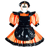 Fondcosplay Lockable Orange Satin and Black PVC Sissy Maid Crossdressing Short Dress with Apron [G3769]