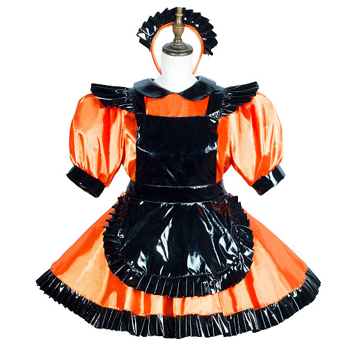 Fondcosplay Lockable Orange Satin and Black PVC Sissy Maid Crossdressing Short Dress with Apron [G3769]