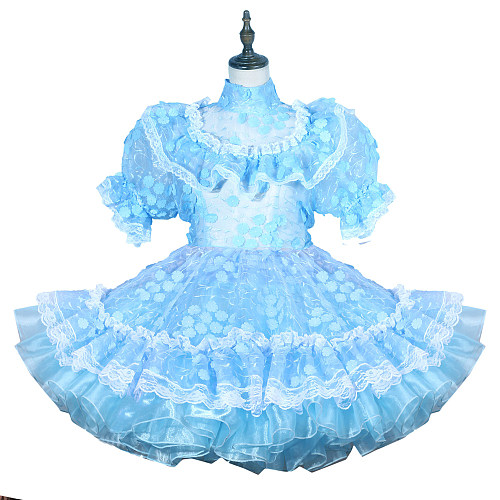Fondcosplay Lockable Blue Organza Sissy Maid Crossdressing Ruffled Short Dress [G3786]