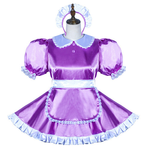 Fondcosplay Lockable Purple Satin Sissy Maid Crossdressing Short Dress with White Apron [G3766]