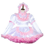 Fondcosplay Lockable White and Pink Satin Sissy Maid Dress with Lace Apron [G3807]
