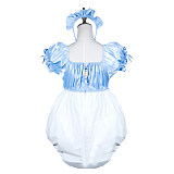 Fondcosplay Lockable Blue Satin and White PVC Sissy Maid Crossdressing Bubble Romper with Headpiece [G3800]