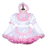 Fondcosplay Lockable White and Pink Satin Sissy Maid Dress with Lace Apron [G3807]
