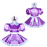 Fondcosplay Lockable Purple Satin Sissy Maid Crossdressing Short Dress with White Apron [G3766]