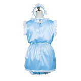 Fondcosplay Lockable Blue Satin Sissy Maid Crossdressing Bodysuit with Bloomers [G3768]