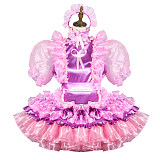 Fondcosplay Lockable Pink and Purple Satin Organza Sissy Maid Crossdressing Ruffled Dress with Headpiece [G3799]